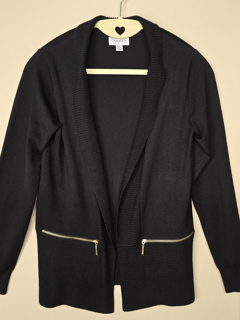 Carmen Open Chic Cardigan Sweater Size S Gold Zippered Pockets Stretch Black